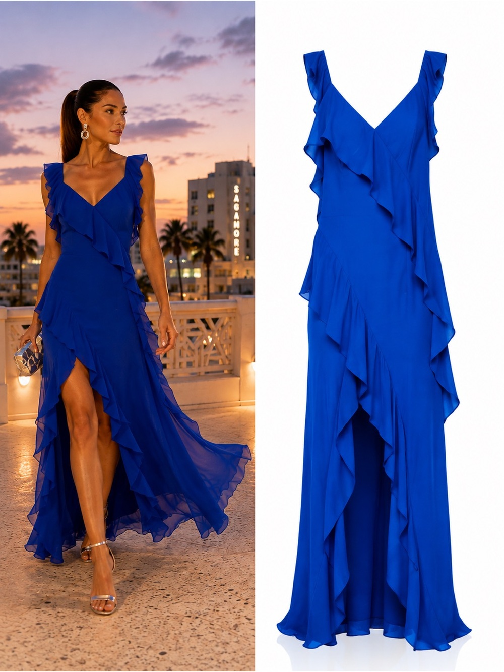 Amanda Uprichard Cantara Cobalt Blue Ruffle Gown Maxi Formal Dress Size Large